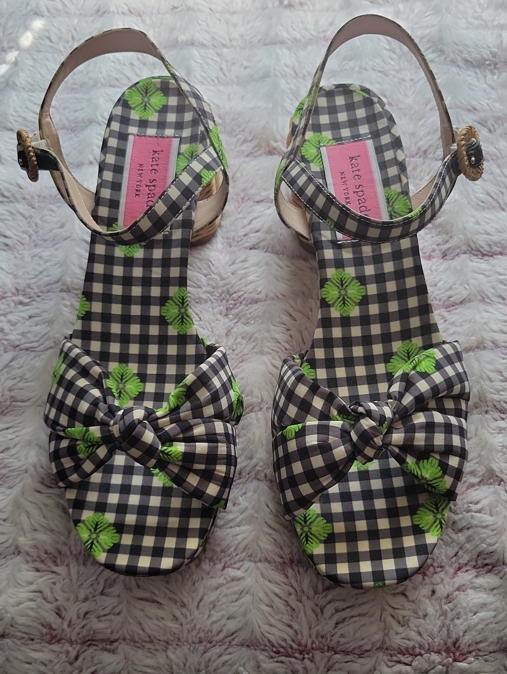 Kate Spade Hayden Knot Green Black Gingham Floral Wicker Heel Sandals Size 10